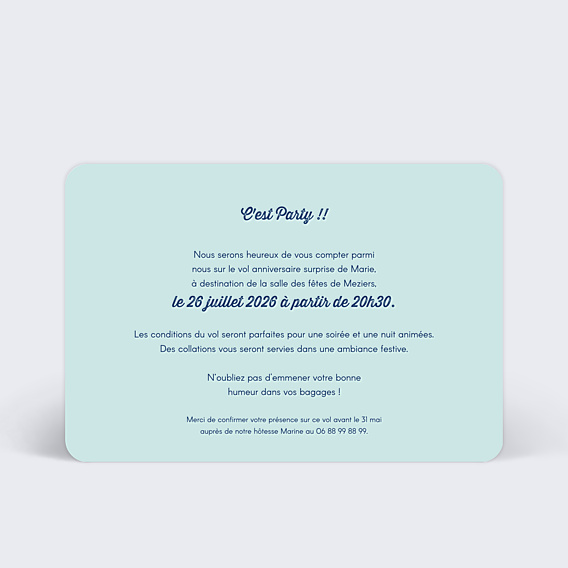Invitation Anniversaire Adulte Billet d'Avion Bleu