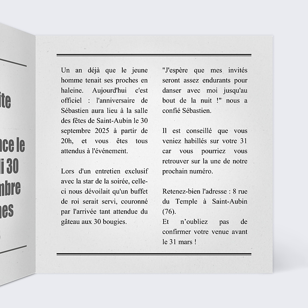 Invitation Anniversaire Journal Intérieur Droit