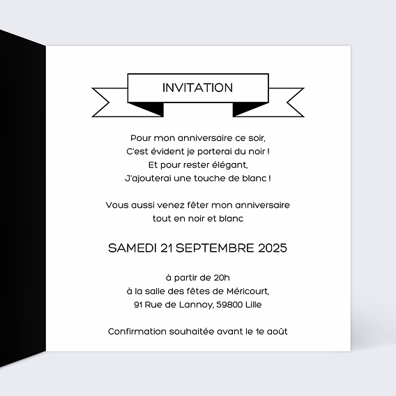 Invitation anniversaire Black and White Intérieur Droit