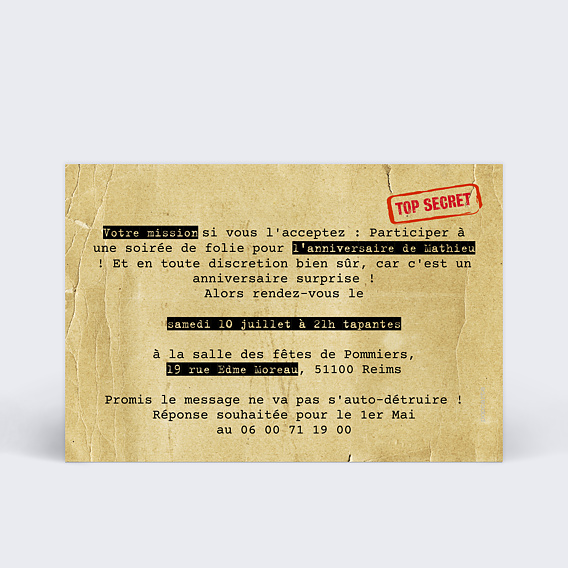 Invitation anniversaire Anniversaire Surprise Verso