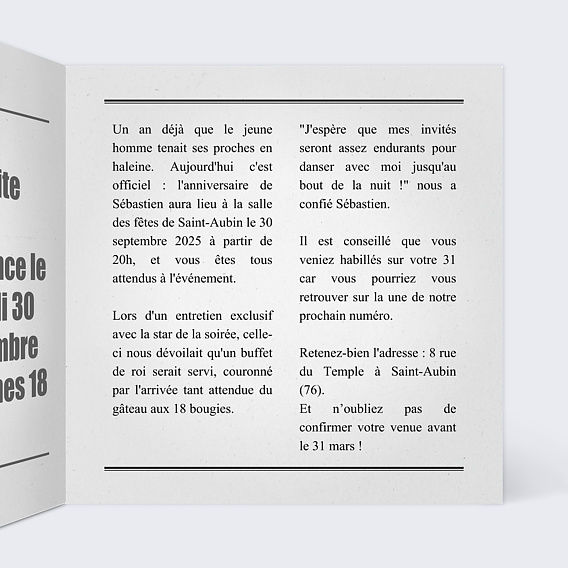 Invitation anniversaire Journal Intérieur Droit