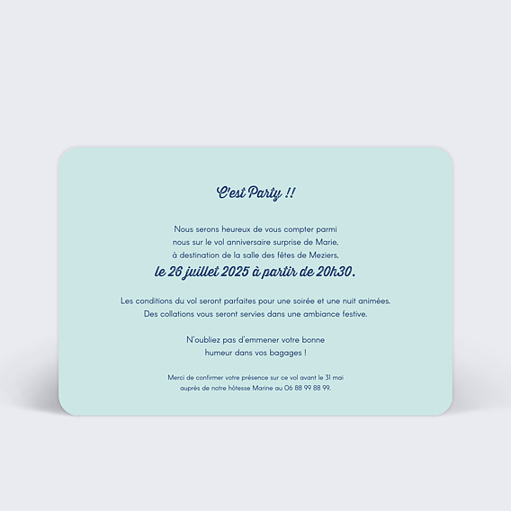 Invitation anniversaire Billet d'Avion Bleu Verso