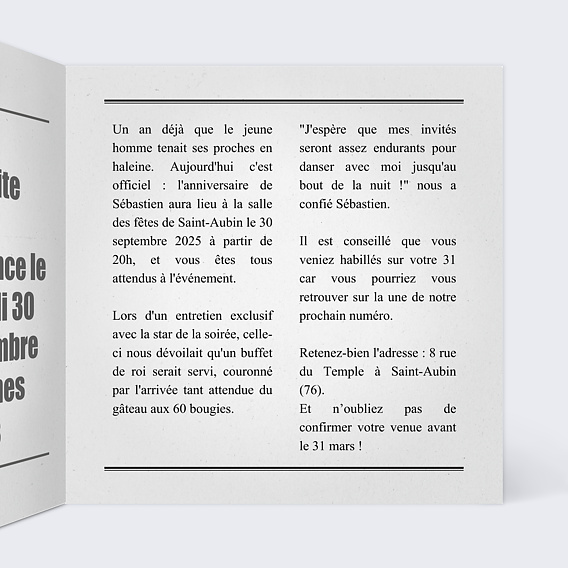 Invitation anniversaire Journal Intérieur Droit