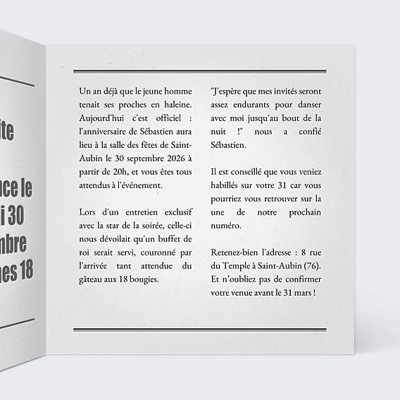 Invitation Anniversaire Adulte Journal