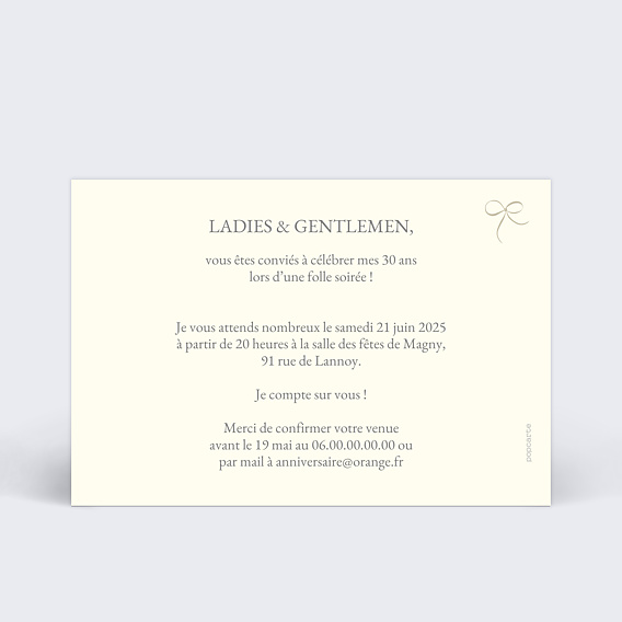 Invitation anniversaire Personnalisable Verso