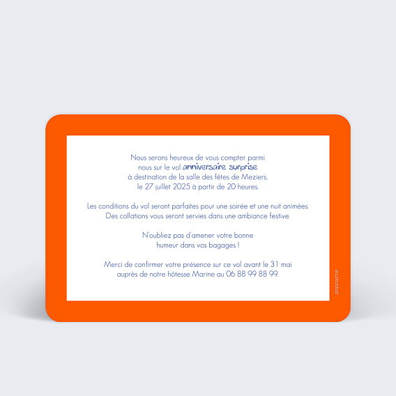 Invitation anniversaire Billet d'Avion Gris Verso