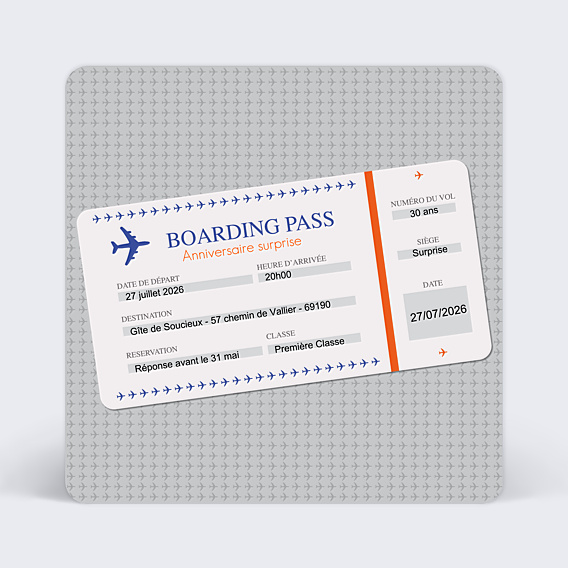 Invitation Anniversaire Adulte Billet d'Avion Gris