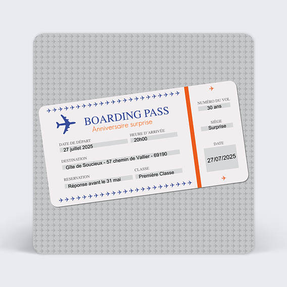 Invitation anniversaire Billet d'Avion Gris