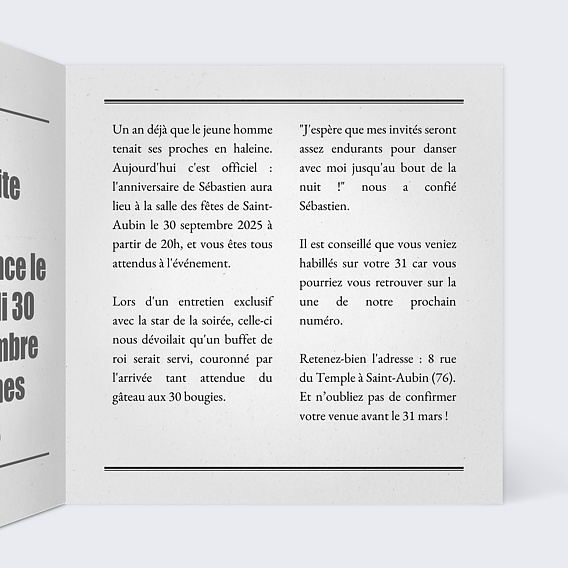 Invitation anniversaire Journal Intérieur Droit