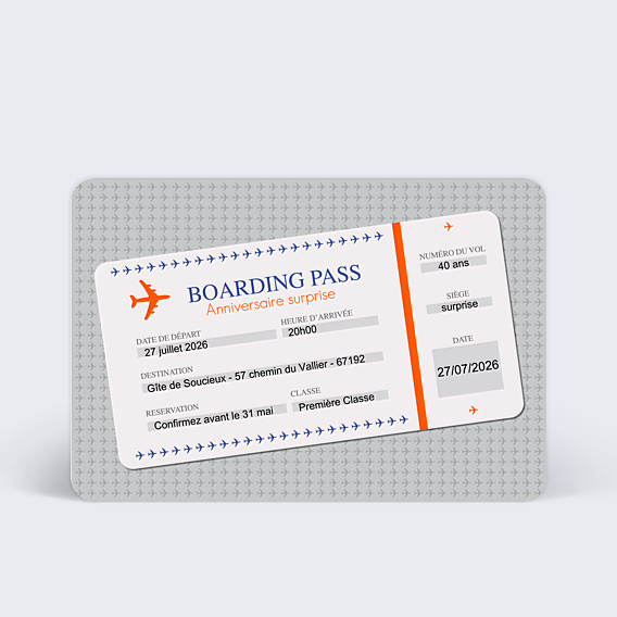 Invitation Anniversaire Adulte Billet d'Avion Gris