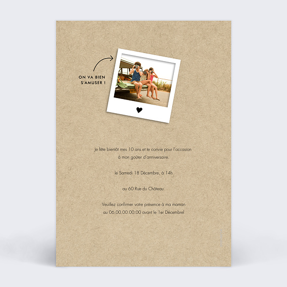 Invitation anniversaire enfant Polaroid Anniversaire Enfant Verso