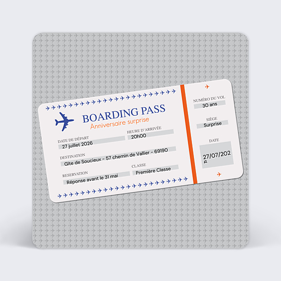 Invitation Anniversaire Adulte Billet d'Avion Gris