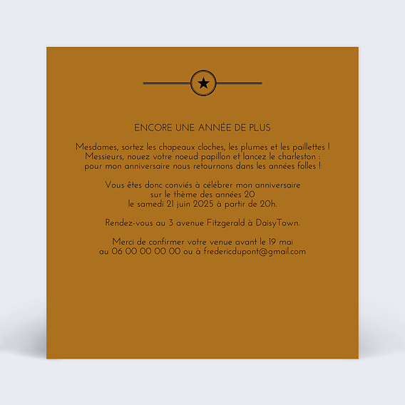 Invitation anniversaire Années Folles Typographie Verso