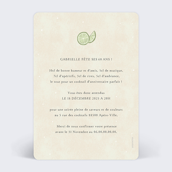 Invitation anniversaire Cocktail Mojito Verso