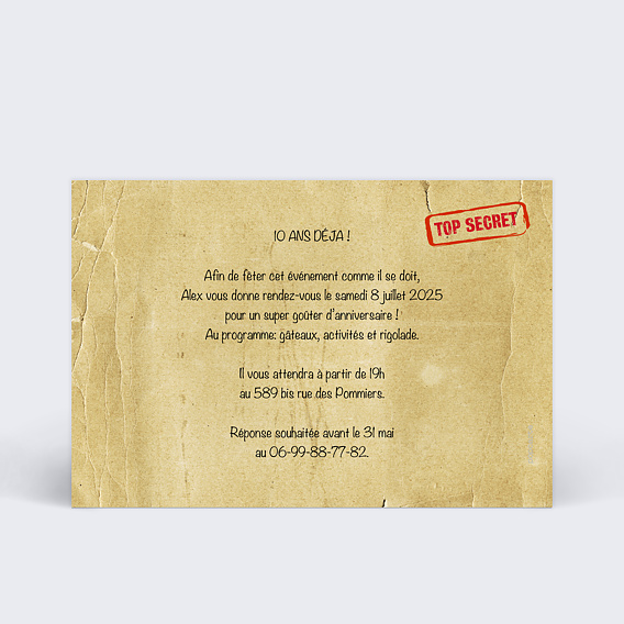 Invitation anniversaire enfant Agent Secret Verso