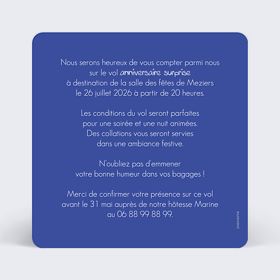 Invitation Anniversaire Adulte Billet d'Avion Gris