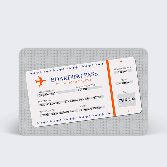 Invitation Anniversaire Adulte Billet d'Avion Gris