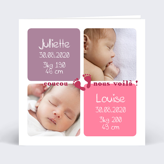 Faire-part Naissance Jumeaux carrés