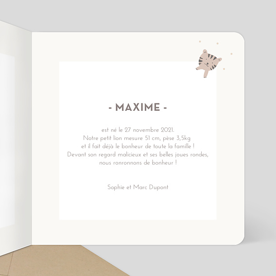 Faire part naissance Savane Girafe Intérieur Droit