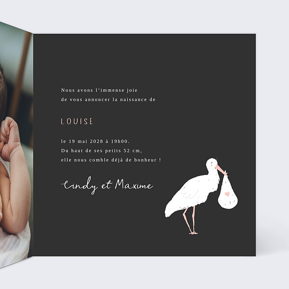 Faire part naissance Ardoise Cigogne Intérieur Droit