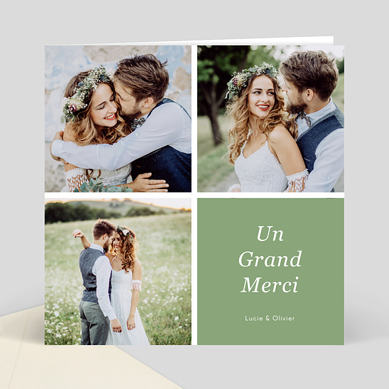 Remerciements mariage Carte de remerciements carrés photos vert