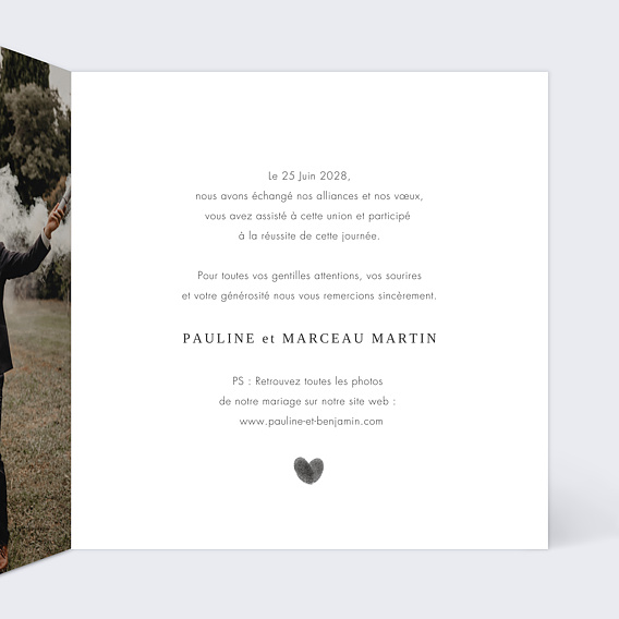 Carte remerciement mariage Fait Main Intérieur Droit