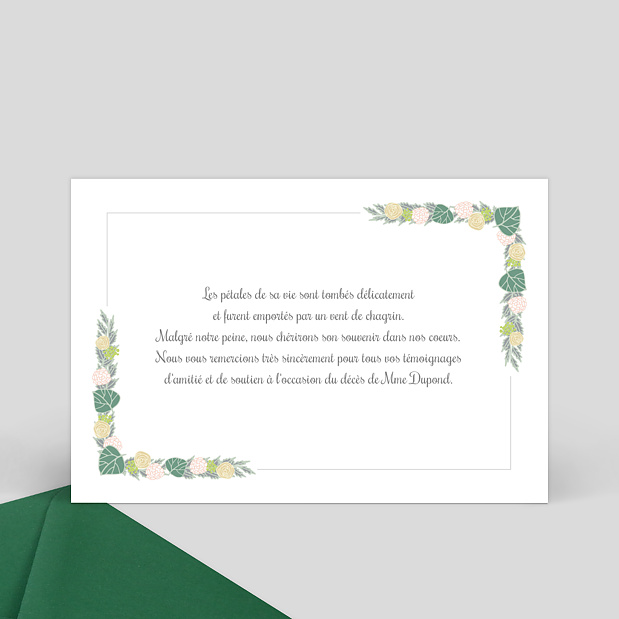 Carte de remerciement décès cadre fleuri Verso