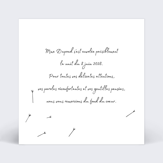 Carte remerciement décès Envol de Pissenlit Verso