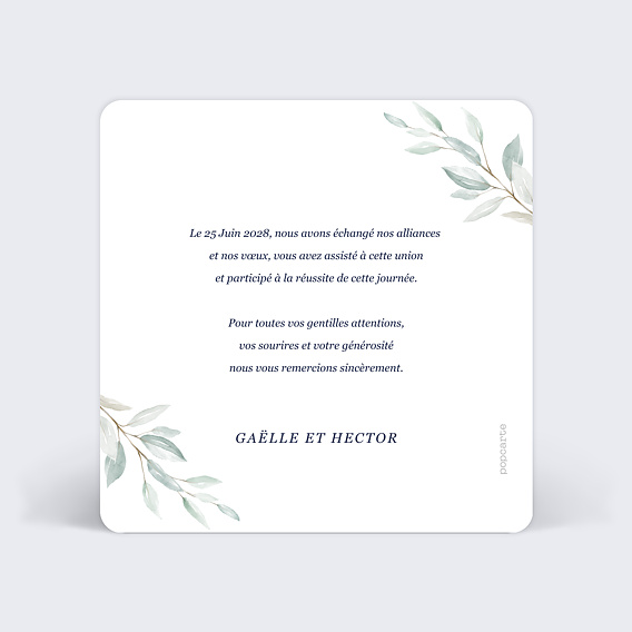 Carte remerciement mariage Acrostiche Merci Verso