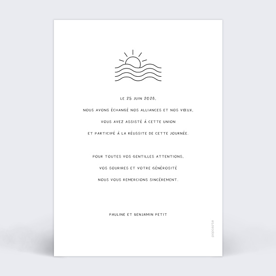 Carte remerciement mariage Thème Plage Verso