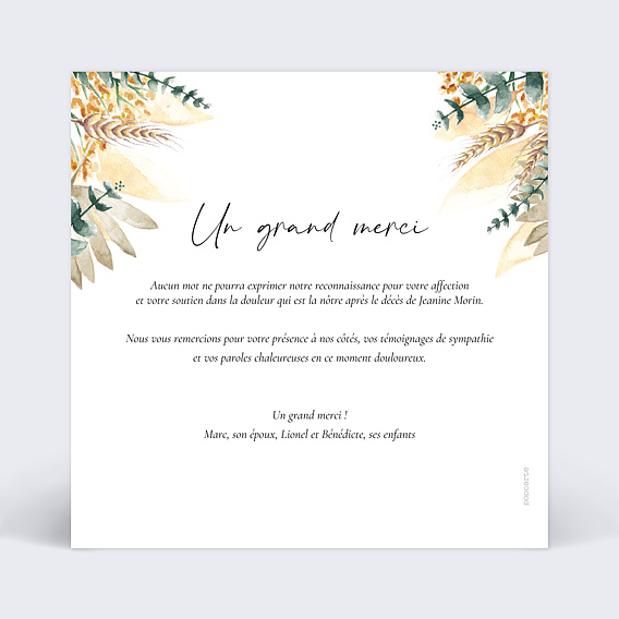 Carte remerciement décès Aquarelle Fleur Verso
