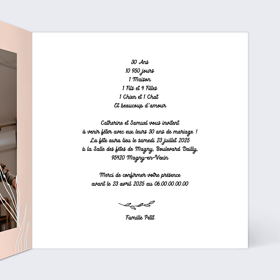 Invitation anniversaire mariage Anniversaire de Mariage 30 ans Intérieur Droit