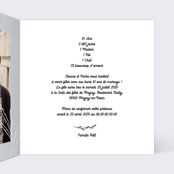 Invitation anniversaire mariage Anniversaire de Mariage 10 ans Intérieur Droit