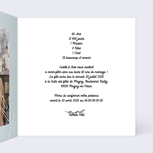 Invitation Anniversaire de Mariage 60 ans Intérieur Droit