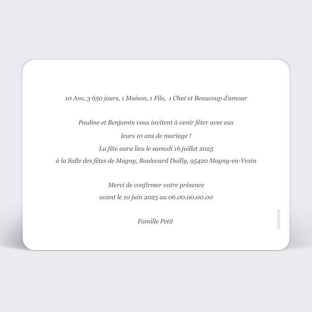 Invitation Anniversaire de Mariage Original Photo Verso