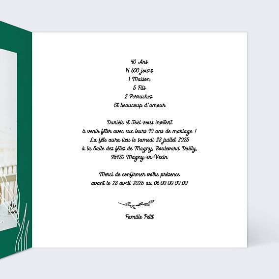 Invitation anniversaire mariage Anniversaire de Mariage 40 ans Intérieur Droit