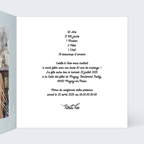Invitation anniversaire mariage Anniversaire de Mariage 60 ans Intérieur Droit