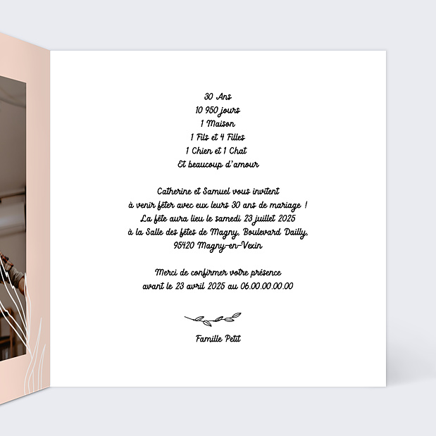 Invitation Anniversaire de Mariage 30 ans Intérieur Droit