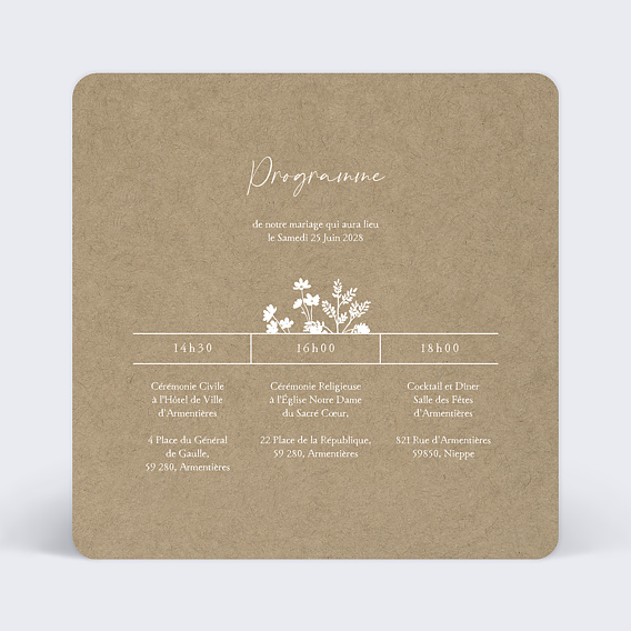 Cartes invitation mariage Bouquet Champêtre Programme