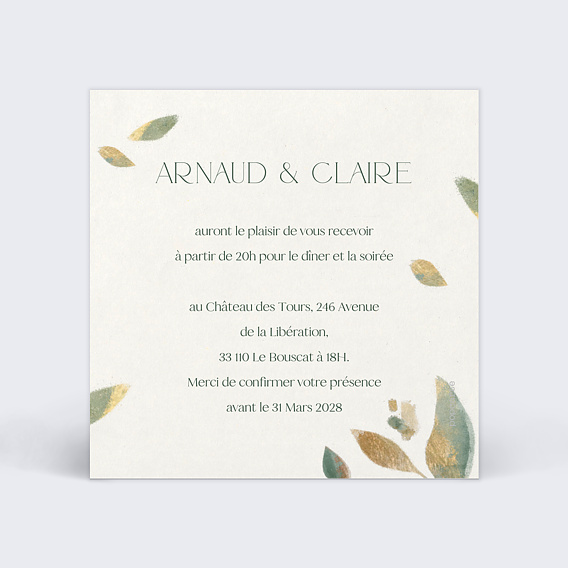 Cartes invitation mariage Feuilles de Jade Verso