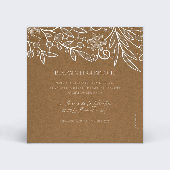 Cartes invitation mariage Dentelle Kraft Verso