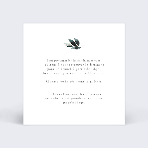 Cartes invitation mariage Idylle Végétale Verso