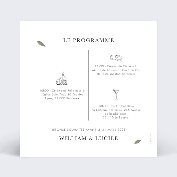 Cartes Invitation Mariage Céramique Verso