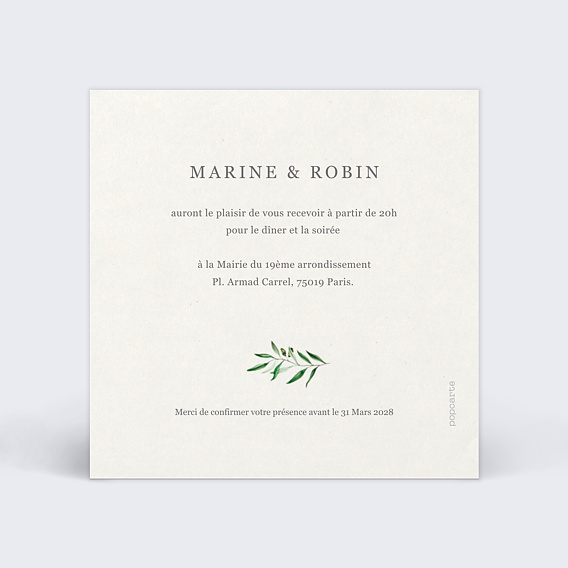 Cartes invitation mariage Arche et Oliviers Verso