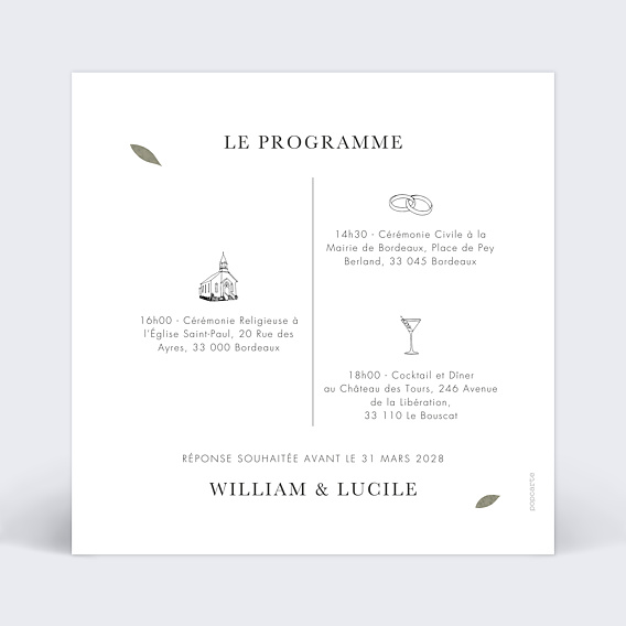 Cartes invitation mariage Céramique Verso