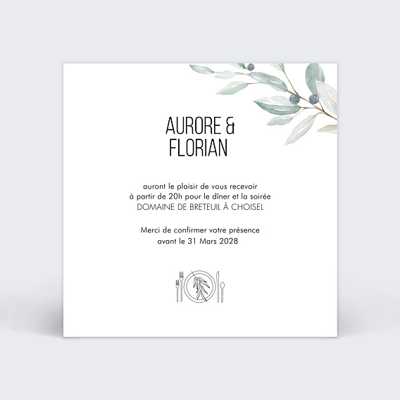 Cartes invitation mariage Couronne d’Oliviers Verso