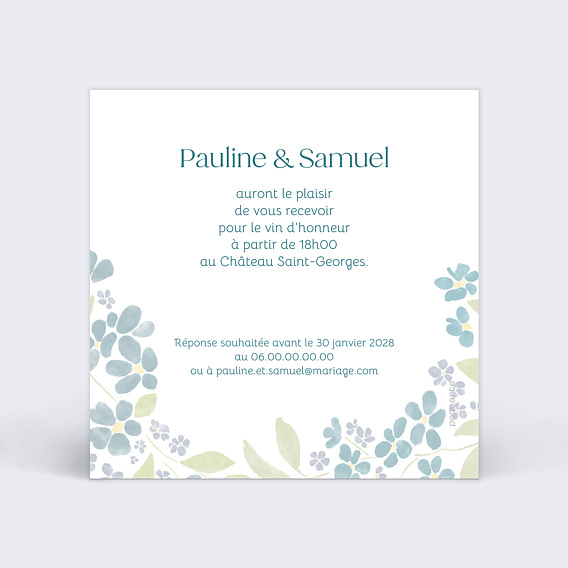 Cartes invitation mariage Petites fleurs bleues Verso