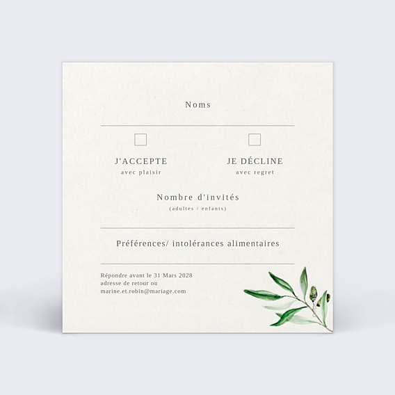 Carton Réponse Mariage Arche et Oliviers