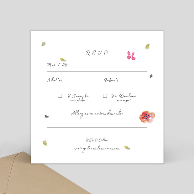 Carte Réponse de Mariage Bouquet Aquarelle Verso