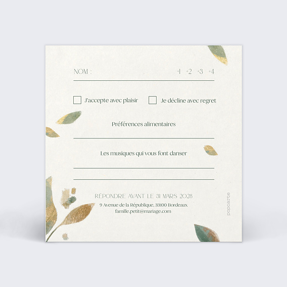 Carton réponse mariage Feuilles de Jade Verso